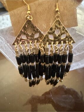 Plunder Gold-Tone Triangle Earrings with Black Beaded Fringe